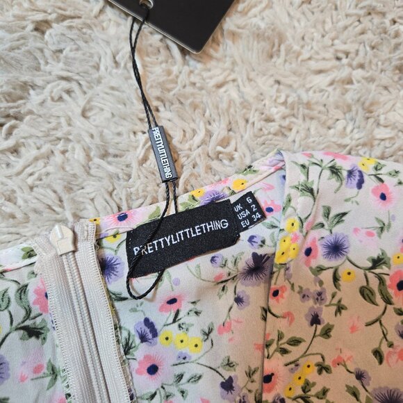 Pretty Little Thing Floral Print Corset Waist Ruffle Hem Mini Dress Stone Size 2 - Picture 6 of 10
